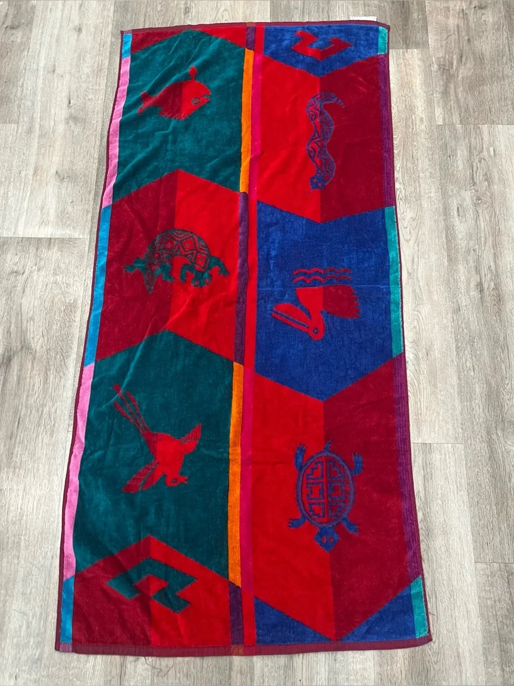VTG Royal Terry Red Beach Towel Gecko Turtle Aztec Cotton 58x16